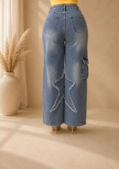 High Waist Denim Cargo Jeans