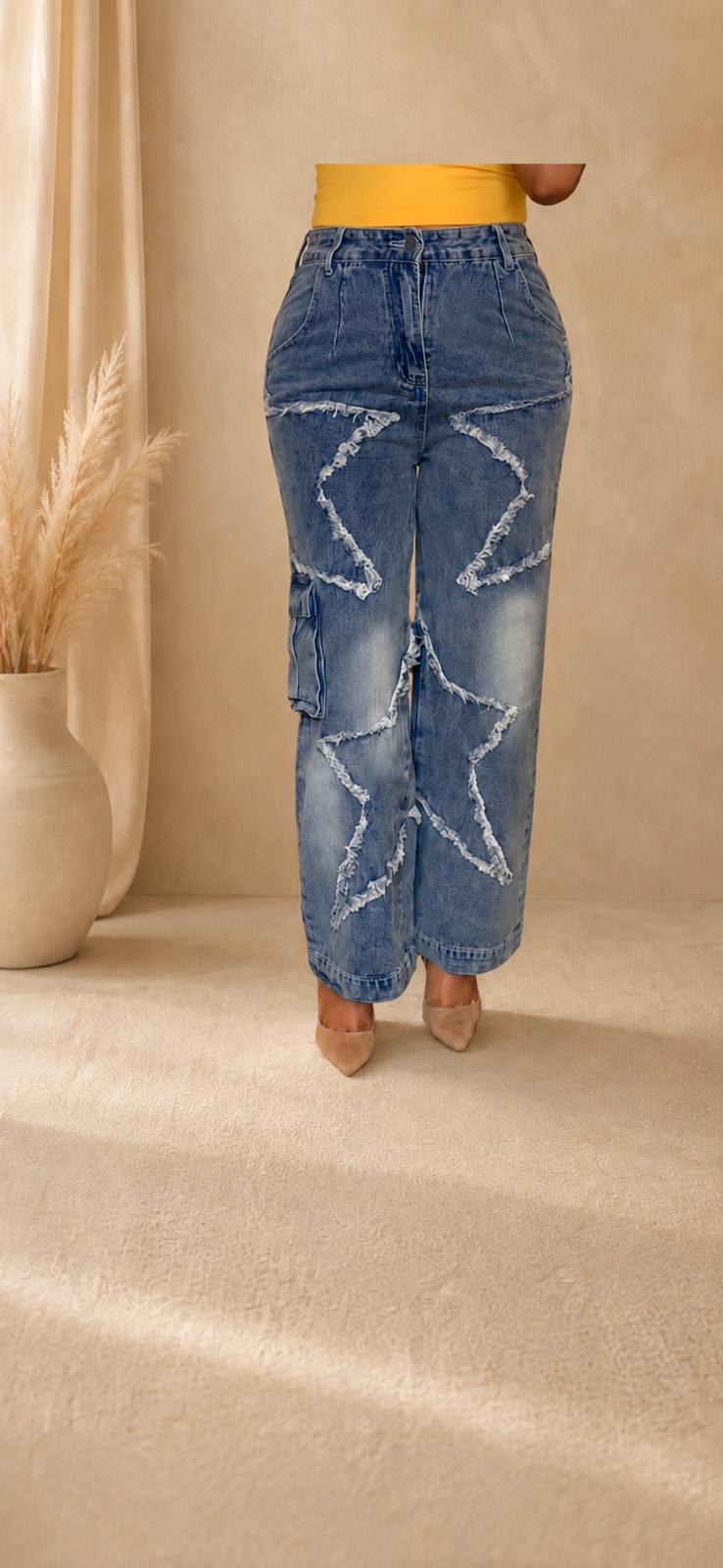 High Waist Denim Cargo Jeans