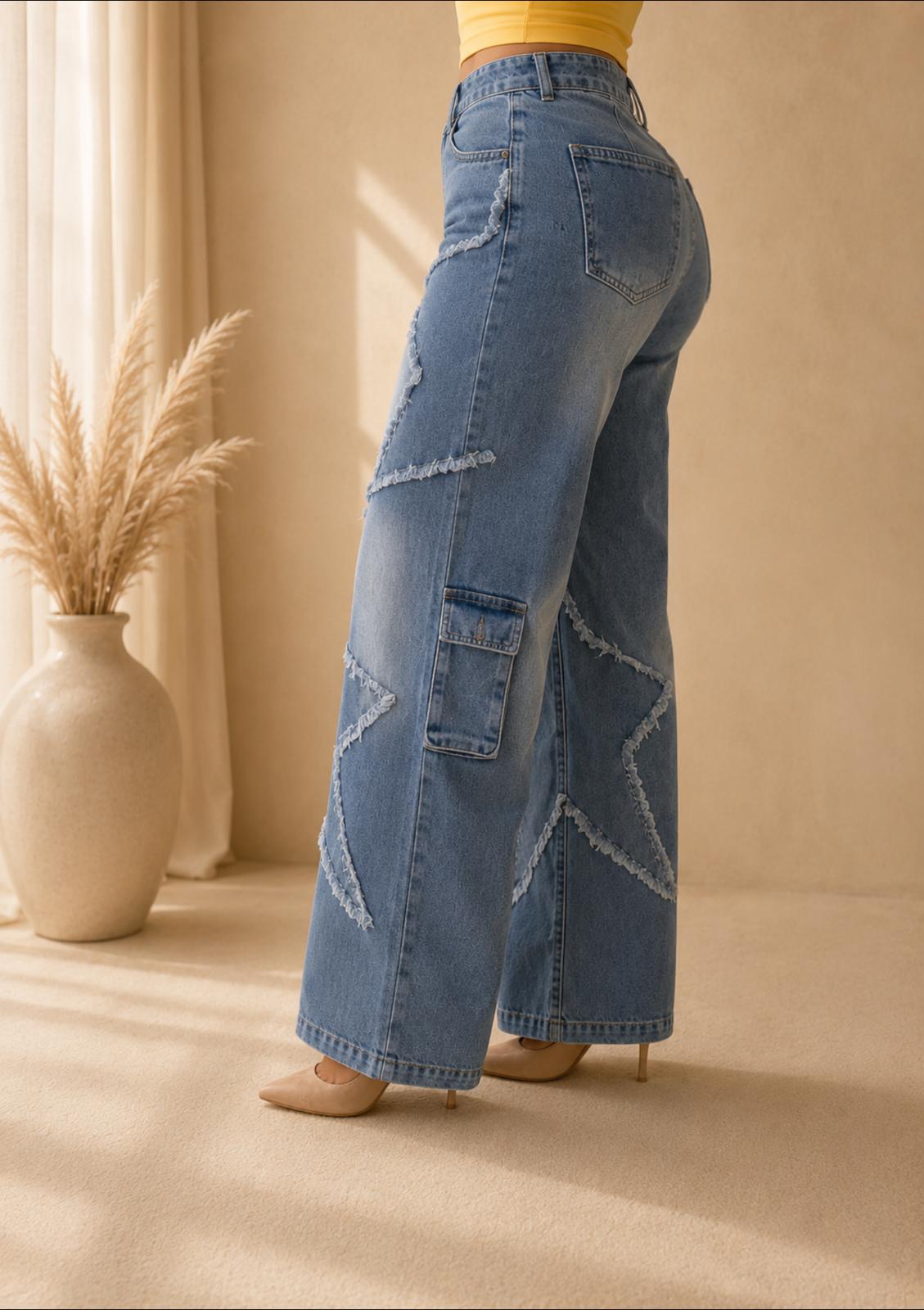 High Waist Denim Cargo Jeans