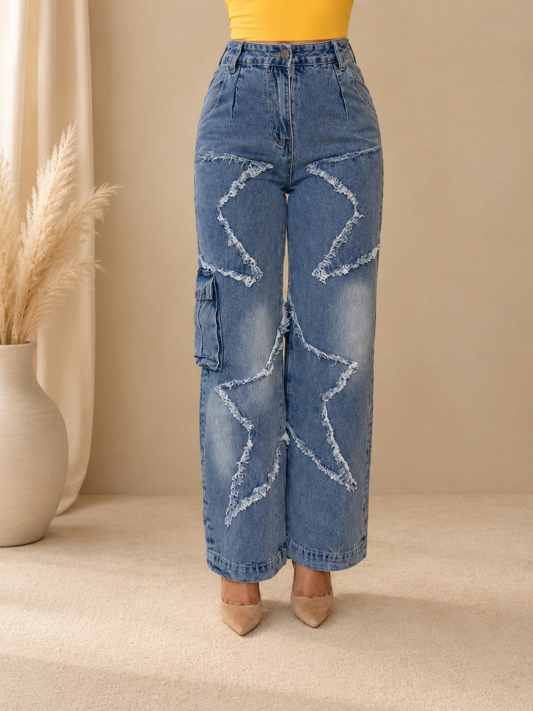 High Waist Denim Cargo Jeans