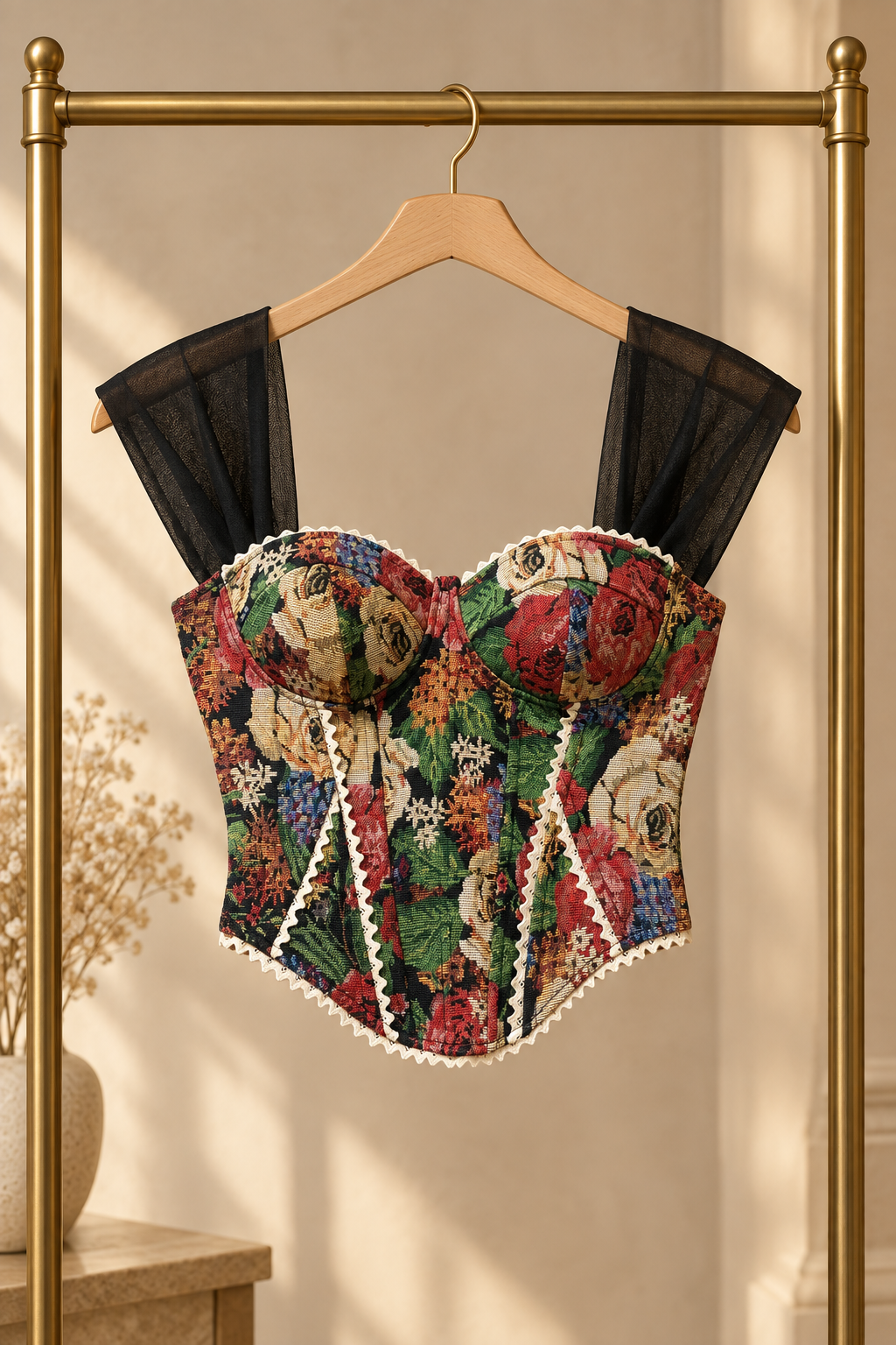 Floral corset hanging on a boutique clothing rack