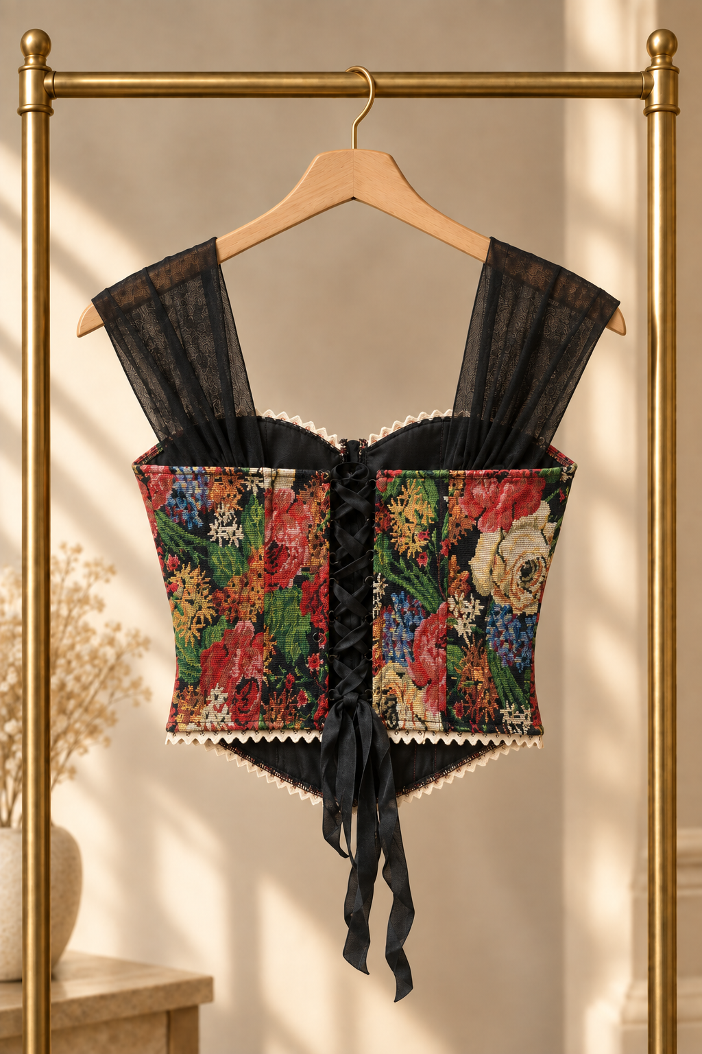 More realistic back view of corset on rack